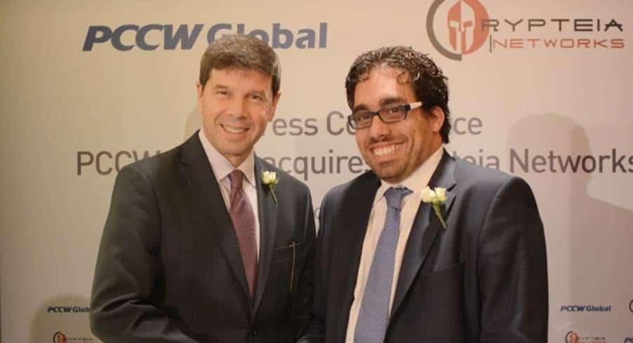 Marc Halbfinger, CEO of PCCW Global (left), and Mr. Yiannis Giokas, founder and CEO of Crypteia Networks