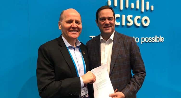 Telenor Group CEO Sigve Brekke with Cisco CEO Chuck Robbins at Mobile World Congress in Barcelona
