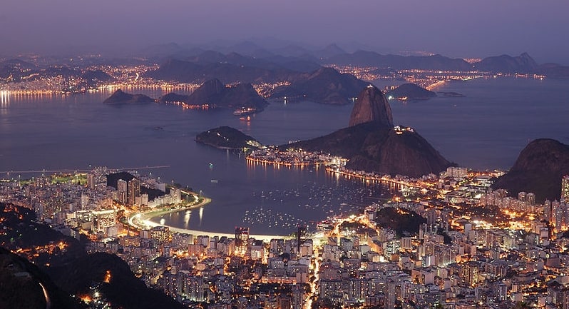 View of Botafogo Bay at night, Rio de Janeiro, Brazil.