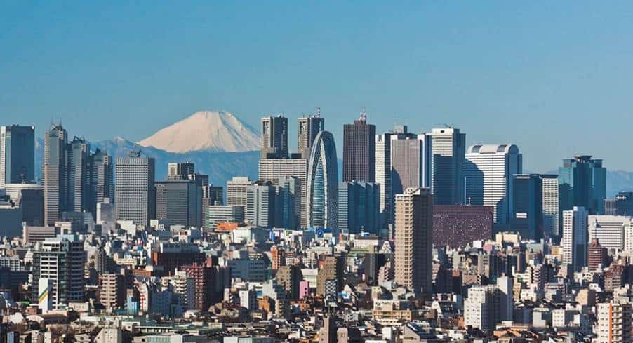 View of Shinjuku skyscrapers and Mount Fuji as seen from the Bunkyo Civic Center, Bunkyo Ward, Tokyo